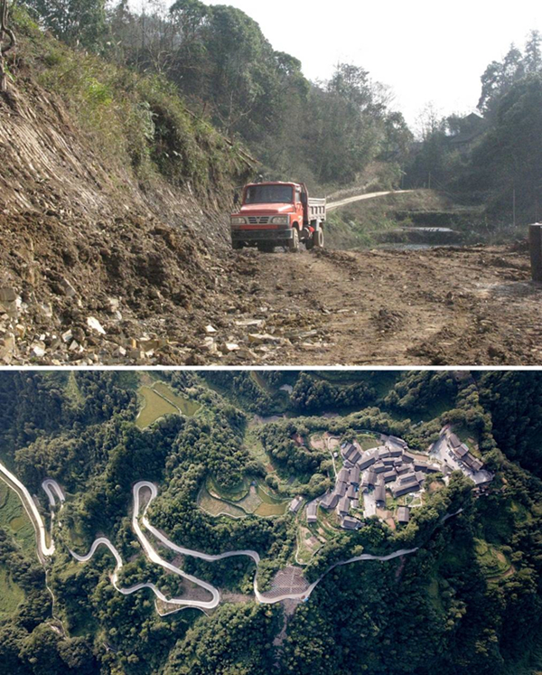 拼版照片：上圖為2011年12月拍攝的湖南省湘西土家族苗族自治州花垣縣十八洞村進(jìn)村道路；下圖為2019年9月拍攝的十八洞村及進(jìn)村道路。